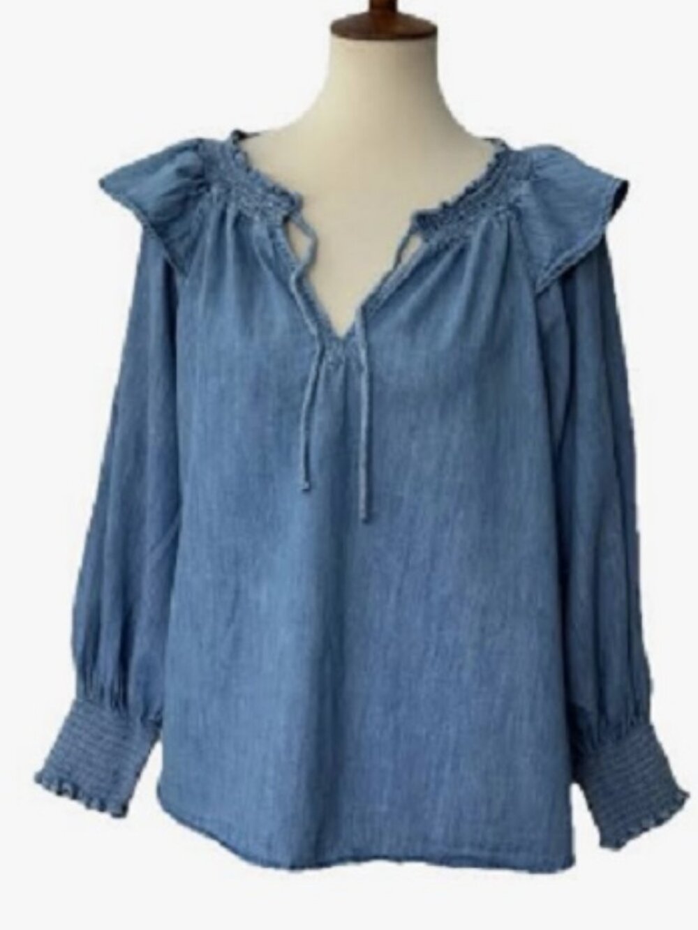 New Puff-Sleeve Non-Stretch Jean Ruffle-Trimmed Poet Blouse, XS